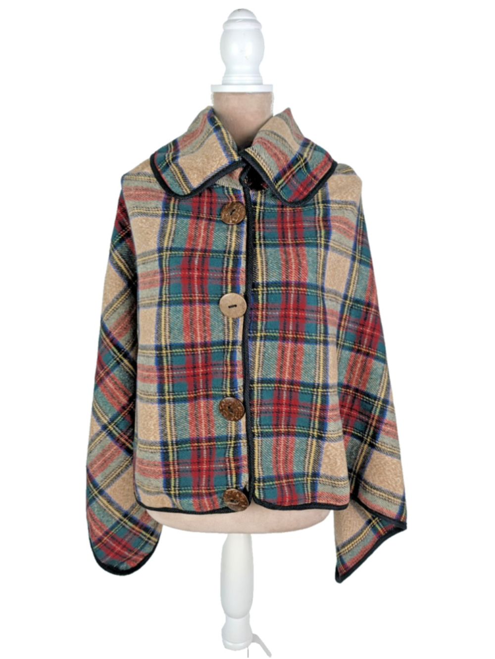 Mod Swing Plaid Tartan Cape Poncho Coat OS Button Front Red Green Funnel Neck